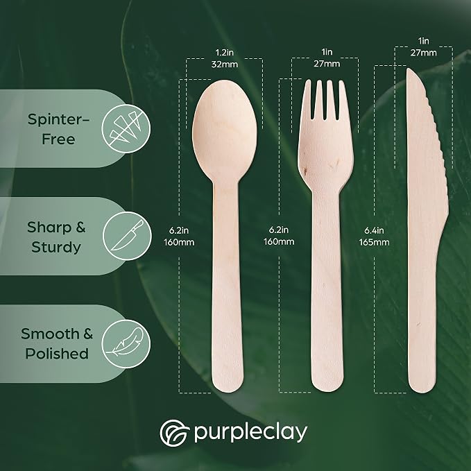 PURPLECLAY Wooden Disposable Utensils Set, 300 Pieces | Wrapped Utensils and - Image 3