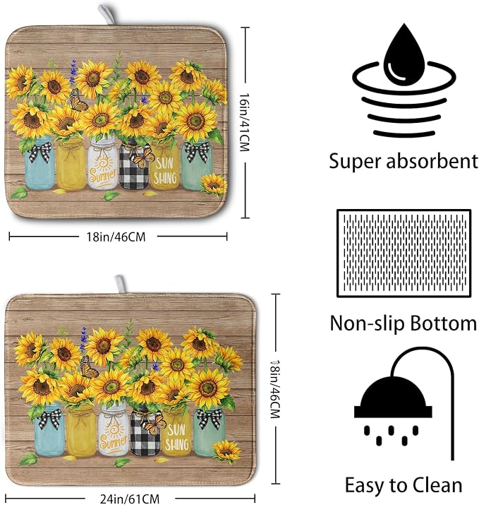 Sunflower Dish Drying Mat for Kitchen 18x24 Inch Counter Rustic Vintage Floral - Image 2
