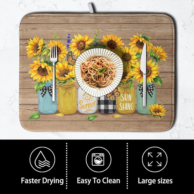Sunflower Dish Drying Mat for Kitchen 18x24 Inch Counter Rustic Vintage Floral - Image 4