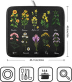 Black Flower Herbs Dish Drying Mat 16x18 Inch Botanical Floral Microfiber - Image 2