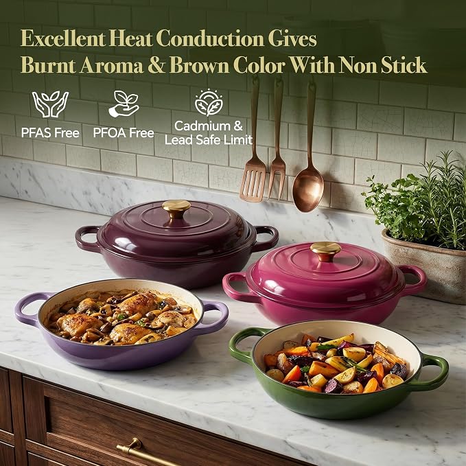 Vintage Style 3 Quart Enameled Cast Iron Braiser, Non Stick Enameled Cast Iron - Image 2
