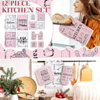12 Pcs Farmhouse Pink Kitchen Decorations Sets 4 Pink and White Kitchen Towels - Image 2
