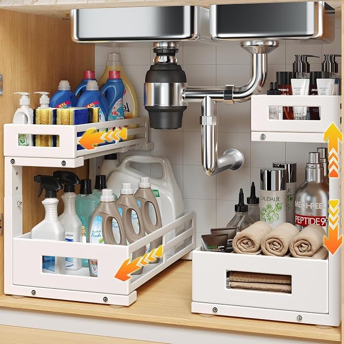 L-Shaped Metal Under Sink Organizer, 2-Tier Double Pull-Out Cabinet Organizer by UnderSinkOrganizer