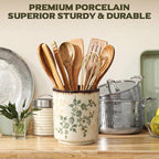Kitchen Ceramic Utensil Holder Rustic 5.5" Green Floral Utensil Crock - Image 5