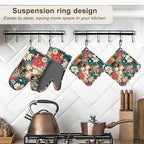 Cute Cat Oven Mitts and Pot Holders Set of 4, Blooming Colorful Flowers Kitchen - Image 5
