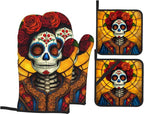 Flower Skull Oven Mitts with Matching Potholders by Unknown