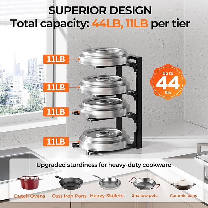 MUDEELA Pots and Pans Organizer under Cabinet 15.75" Tall, 4-Tier Heavy Duty - Image 3