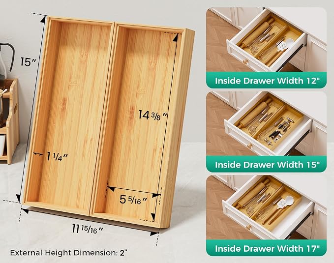 Bamboo Kitchen Drawer Organizer Set of 2, Stackable 15" x 6" Wood Silverware - Image 3