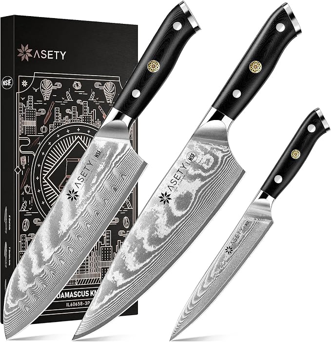 Damascus Knife Set 3 PCS: Japanese Kitchen Knives by ASETY