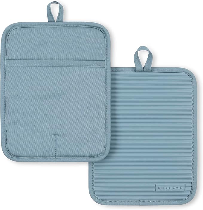 KitchenAid Ribbed Soft Silicone Pot Holder 2-Pack Set, Fog Blue by KitchenAid
