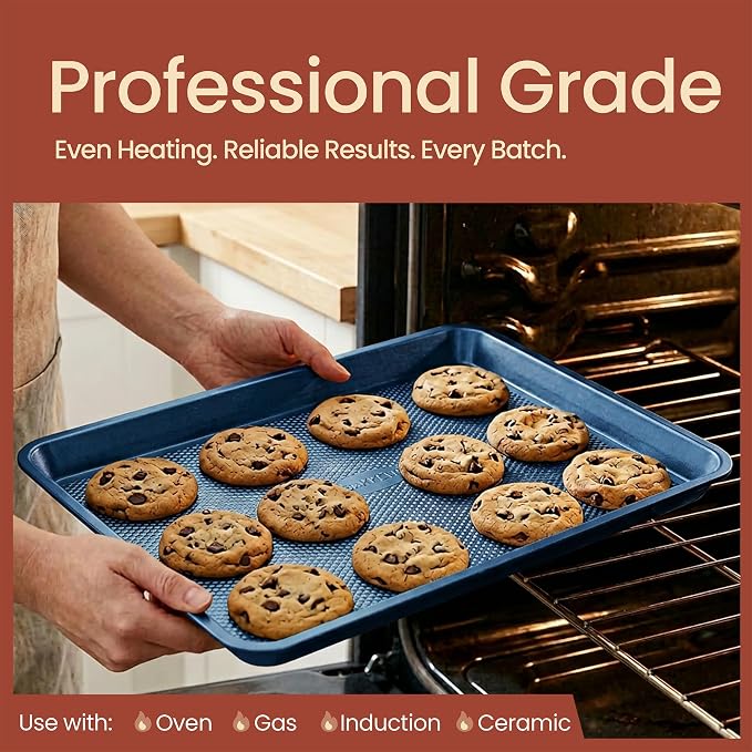 Diamond Bottom Cookie Sheet Set of 2, Nonstick Blue Carbon Steel Baking Pans - Image 3