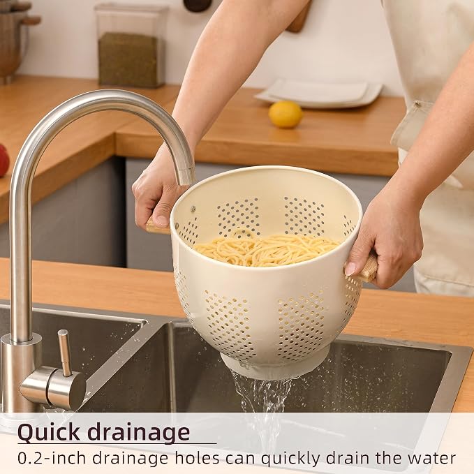 Metal Colander with Wood Handle and Stable Base, Powder Coated Steel Kitchen - Image 3
