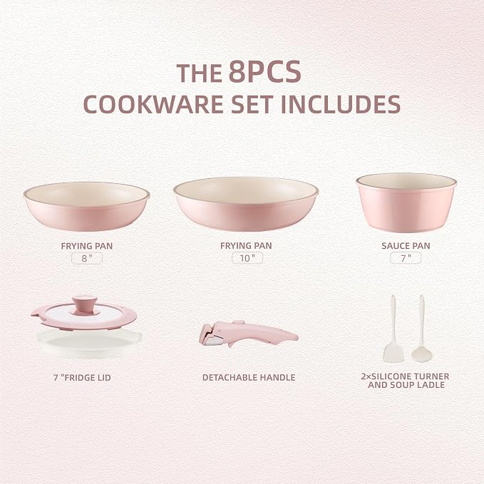BECIGAR 8PCS Ceramic Cookware, Nonstick Ceramic Pan, Removable Handle Pots and - Image 2