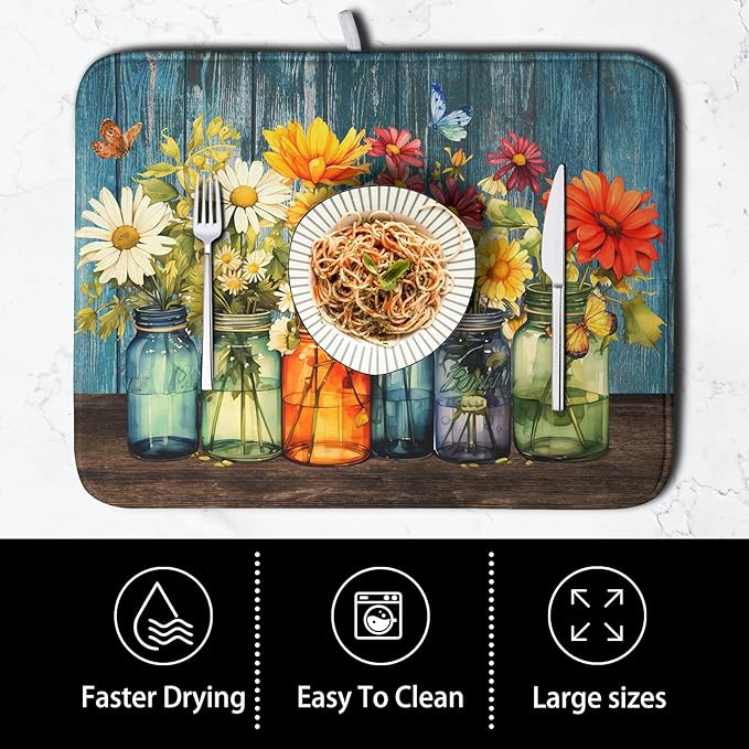 Daisy Dish Drying Mat for Kitchen Counter 18x24 Inch Rustic Vintage Flower - Image 4
