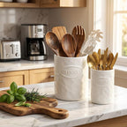 White Utensil Holder Set of 2 Ceramic Cooking Utensil Crock Modern Kitchen - Image 3