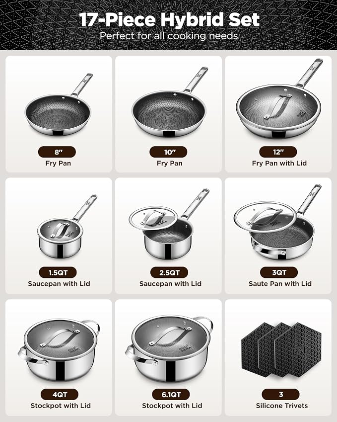 Pots and Pans Set Hybrid Stainless Steel, Dishwasher & Oven Safe, Metal Utensil - Image 2