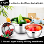E-far Mixing Bowls with Lids, 6-Piece Stainless Steel Salad Bowls Metal Nesting - Image 3