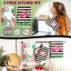 Bencailor 6 Pcs Flamingo Kitchen Towels Oven Mitts and Pot Holders Set - Image 2