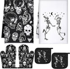 Leinuosen 6 Pcs Skull Kitchen Decor Set Kitchen Towels Gothic Oven Mitts and by Leinuosen