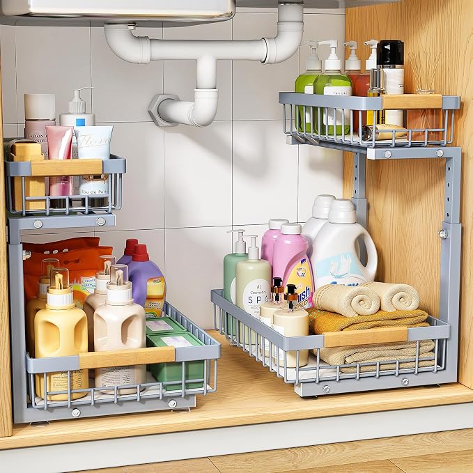 PXRACK Under Sink Organizer, Adjustable Height, 2 Tier Pull Out Under Cabinet by PXRACK