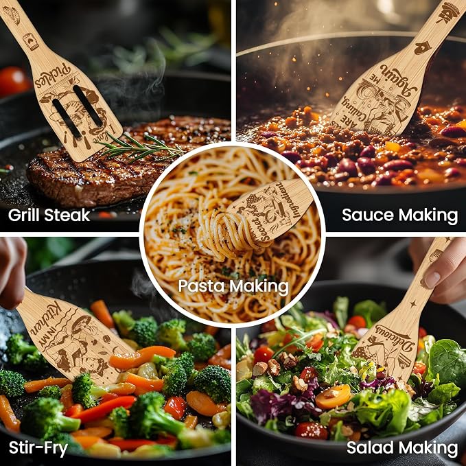 CUTHOLLOW 6PCS Retro Housewife Wooden Kitchen Cooking Utensil Set, 11.9in Non - Image 4