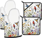 Wildflowers Birds Oven Mitts and Pot Holders Sets 4Pcs, Extra Long Oven Gloves by VisittheDuibelproduct