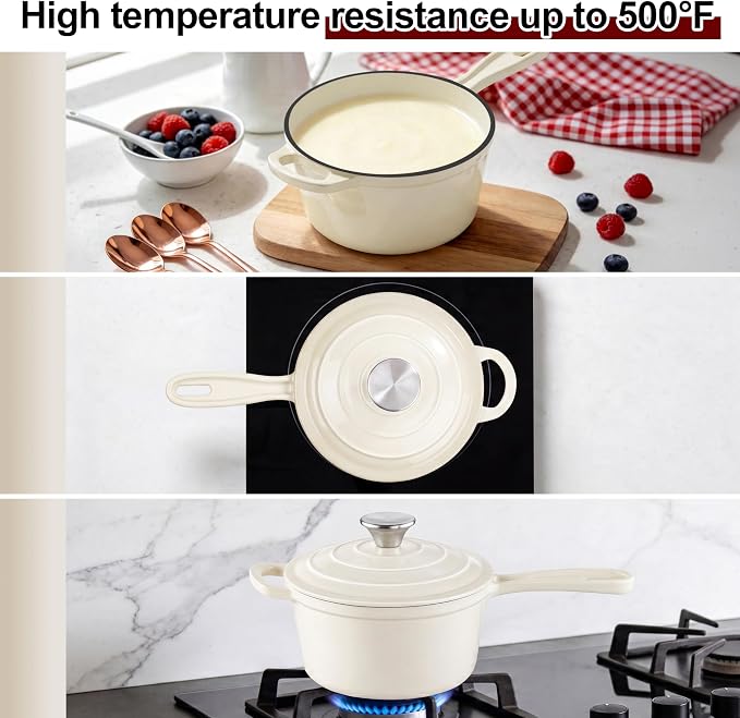 2Qt Enameled Cast Iron Sauce Pan, Leonyo Dutch Oven Pot - Image 4