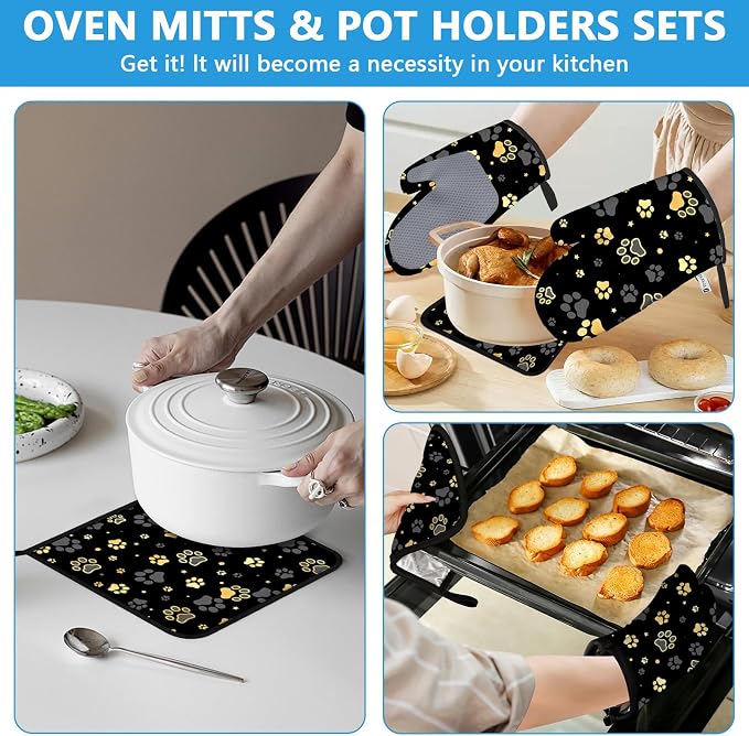 Gold Dog Paw Print Oven Mitts and Pot Holders Sets Heat Resistant 4Pcs - Image 6