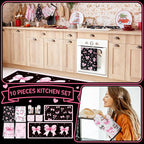 Fourluoo 10 Pcs Bow Kitchen Dish Towels Rugs Oven Mitts and Pot Holders Set - Image 2