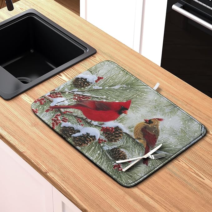 Winter Dish Drying Mat for Kitchen Counter 16x18 Inch Christmas Red Birds - Image 6
