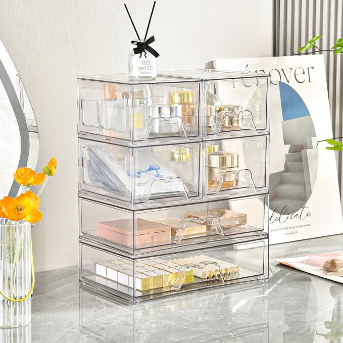 Stebopum 4 Pack Stackable Storage Drawers Clear Acrylic Organizer Bathroom - Image 4
