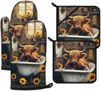Highland Cow Sunflower Oven Mitts and Pot Holders Sets Heat Resistant 4Pcs by ANTJOO