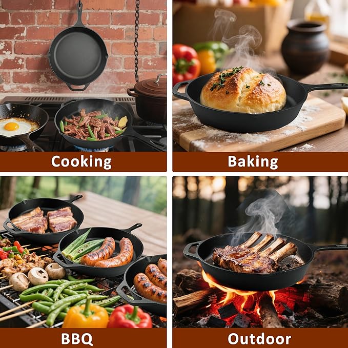 Cast Iron Skillet 3-Piece Set, Heavy-Duty Pre-Seasoned Pan Cookware Set - Image 5