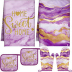 Bencailor Purple 6 Pcs Marble Kitchen Decor Gold Pot Holders Oven Mitts 2 Dish by Bencailor