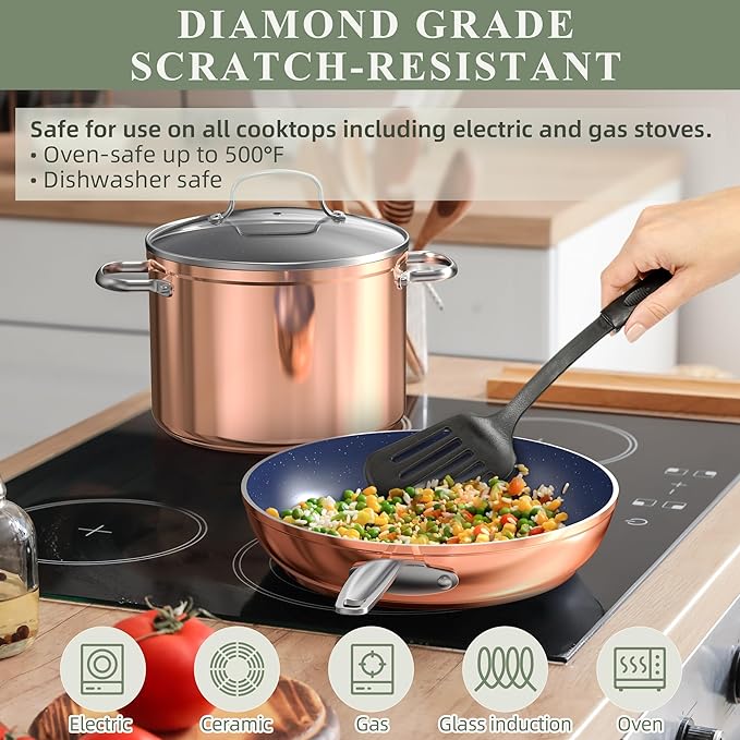 Nuwave Healthy Duralon Blue Ceramic Nonstick Cookware Set, Diamond Infused - Image 4