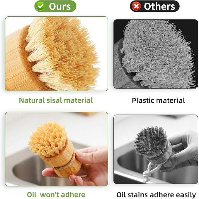 Bamboo Dish Scrub Brushes, Kitchen Wooden Cleaning Scrubbers Set - Image 3