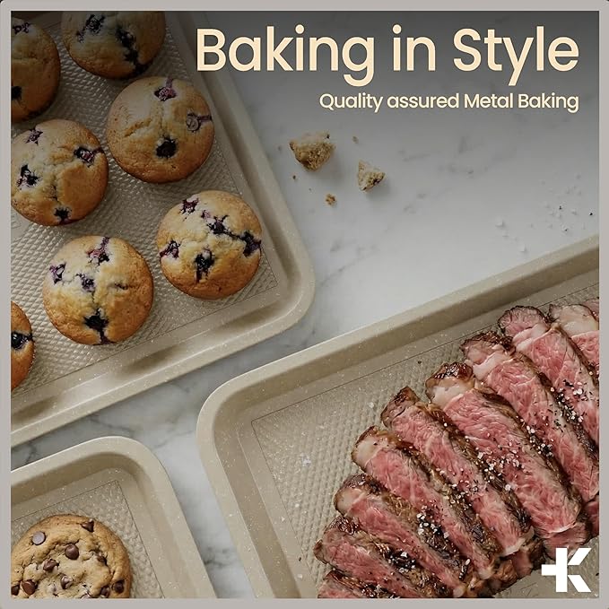 Diamond Bottom Cookie Sheet Set of 2, Nonstick White Marble Carbon Steel Baking - Image 8