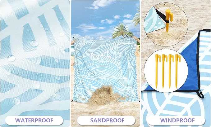 WIWIGO Beach Blanket Waterproof Sandproof Beach Mat 79" X 83"/10'x9'for 2-8 - Image 4