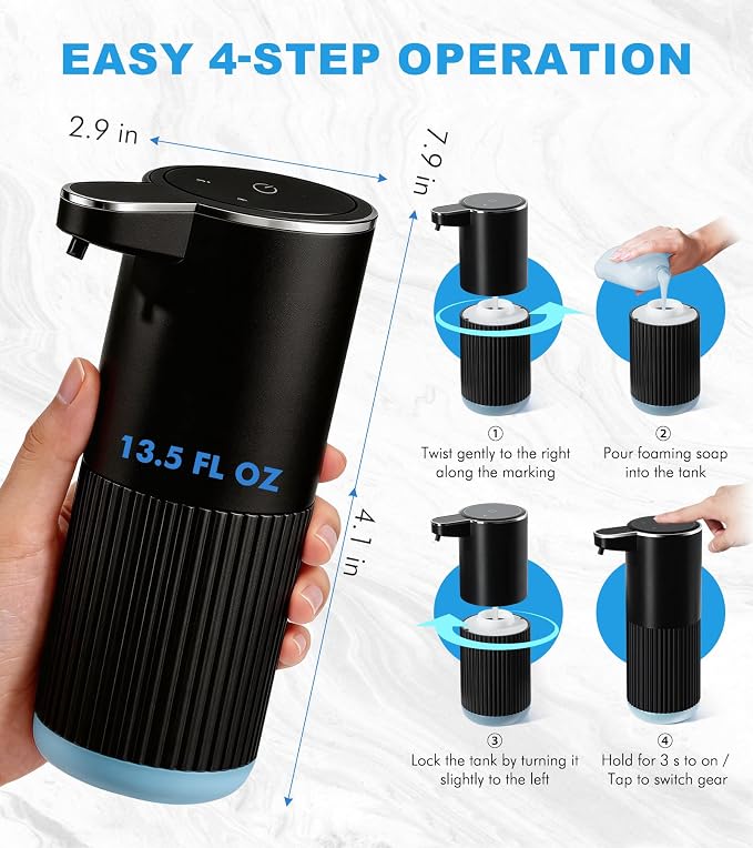 RYTOXILO Automatic Foaming Soap Dispenser, 2 Pack Black Touchless Foam Hand - Image 2