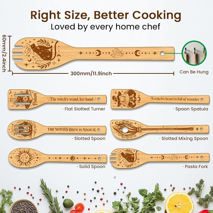 CUTHOLLOW 6PCS Magic Witch and Broom Wooden Kitchen Cooking Utensil Set - Image 2
