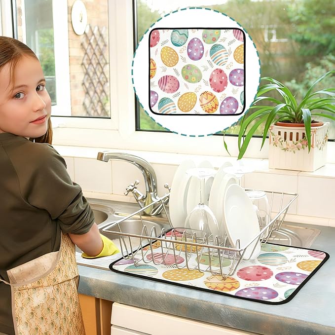 Breling Easter Dish Drying Mat for Kitchen 16 x 18 Inch Pastel Eggs Microfiber - Image 2