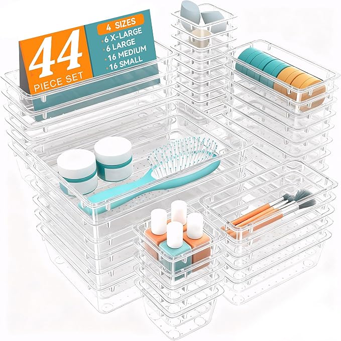 WOWBOX 44 PCS Clear Plastic Drawer Organizer Set, 5 Varied Size storage Bins by WOWBOX