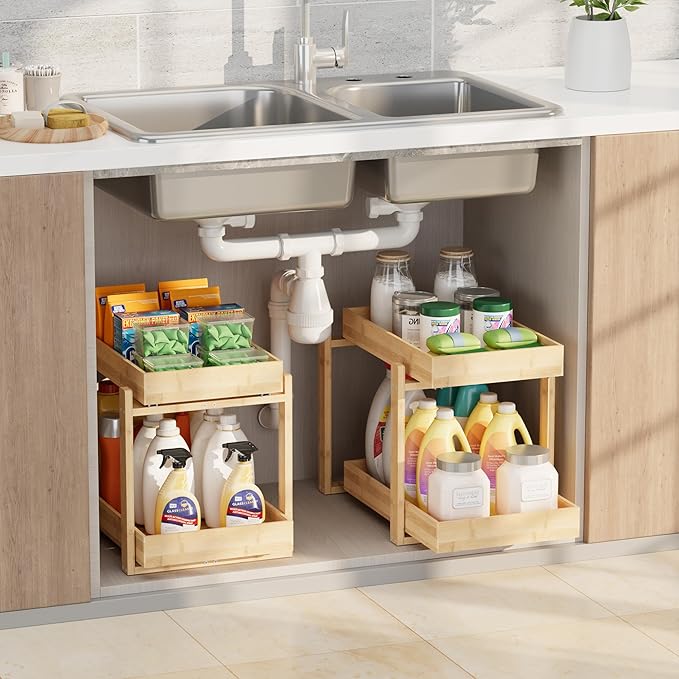 APRTAT 2 Pack Under Sink Organizer, Bamboo Wooden 2-Tier Pull-Out Storage by HEALTHYYOU