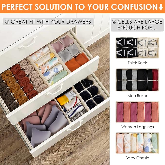 Criusia 6 Pack Sock Underwear Drawer Organizer Dividers, 58 Cell Foldable - Image 3
