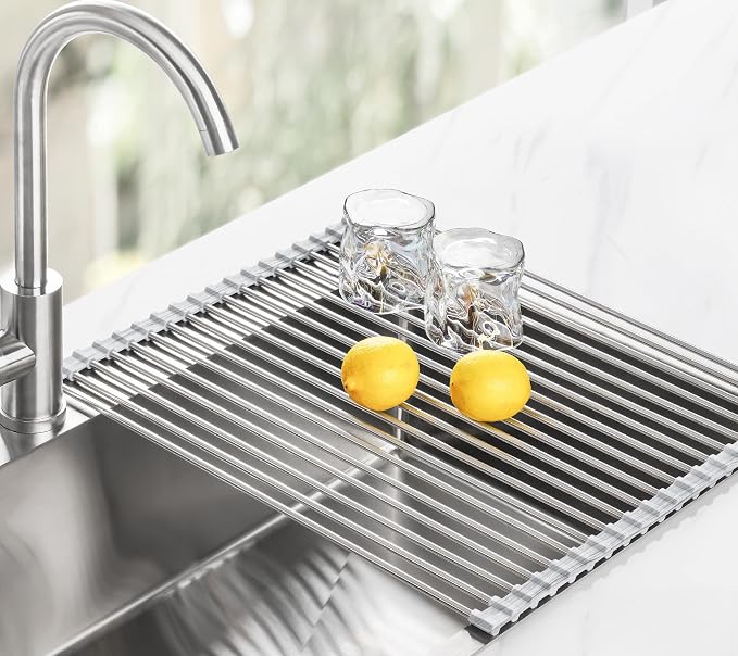 Tomorotec Stainless Steel Roll-Up Dish Drying Rack Marble Color Silicone Edges - Image 9