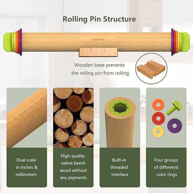Rolling Pin with Thickness Rings and Pastry Baking Mat, 13.6" Adjustable Wooden - Image 8