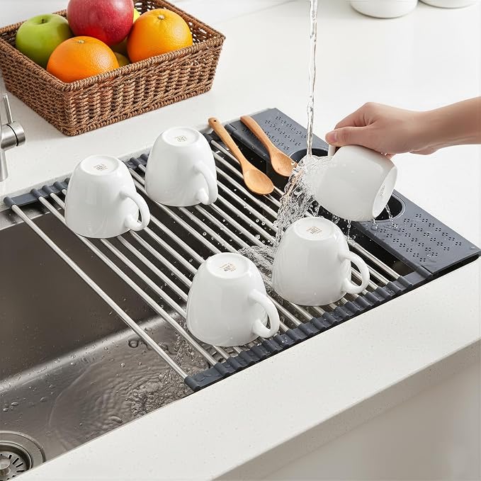 Roll Up Dish Drying Rack Over Sink, 17.5" x 15.2" Foldable SUS304 Stainless - Image 3