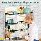 Over The Sink Dish Drying Rack, Expandable Length 3-Tier Large Stainless Steel - Image 6