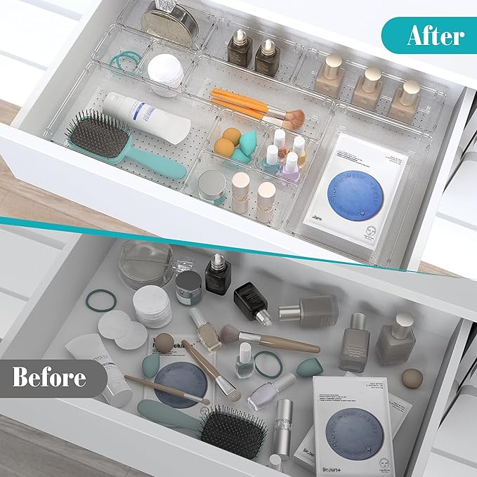 StorMiracle 13 PCS Clear Plastic Drawer Organizers Set, 4 Size Desk Drawer - Image 4