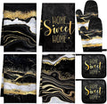 Leinuosen 8 Pcs Black Marble Kitchen Decor Dish Towels and Oven Mitts Sets Pot by Leinuosen